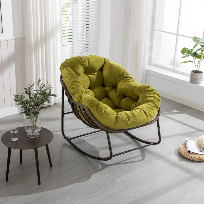 Outdoor Rattan Rocking Chair with Padded Cushion, Oversized Recliner Rocker for Porch, Patio, Living Room, Garden, 44" L x 37" W x 31.5" H, Olive