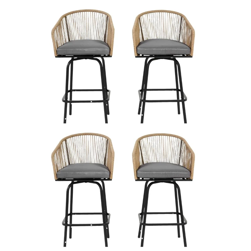 Set of 4 Outdoor Bar Stools with Armrests and Backrest, All Weather PE Rattan Bar Chairs with Steel Frame, 23" L x 17.5" W x 44" H, Gray