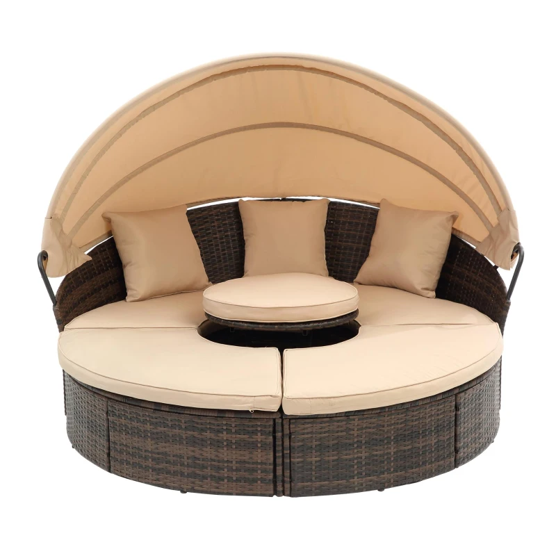 Outdoor Wicker Sofa Bed with Retractable Canopy, All-Weather Rattan Daybed with Washable Cushions and Lift Coffee Table, 64" L x 64" W x 55" H, Beige+Black