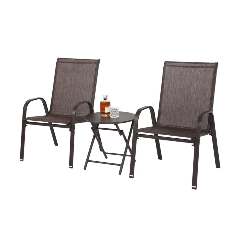 3-Piece Patio Set with 2 Chairs and 1 Table, Outdoor Dining Set with Breathable Textilene Fabric Chairs, Folding Steel Table, Brown
