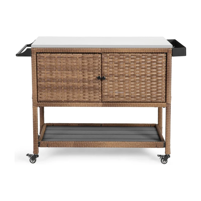 Outdoor Wicker Bar Cart with Wheels, Expandable Shelf, Rolling Rattan Beverage Bar Counter Table with Glass Top, 47" L x 20" W x 35" H, Brown