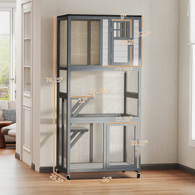 PawHut 74" Wooden Outdoor Cat House Catio with High Weight Capacity, Cat Cage Condo, Dark Gray