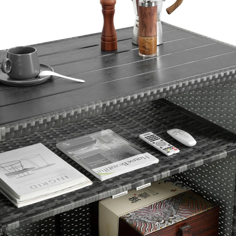 Outdoor Wicker Bar Cart with Wheels, Patio Wine Serving Cart, Rolling Rattan Beverage Bar Counter Table with Glass Top, 51" L x 20" W x 35" H, Aqua Gray