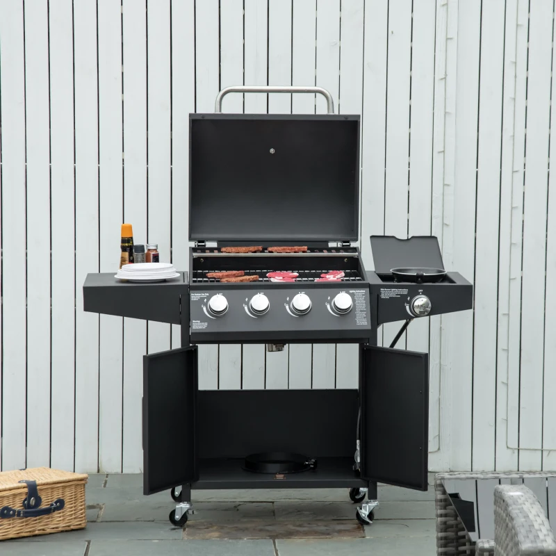 Outsunny 52" Barbecue Grill with Wheels 4+1 Burner Liquid Propane Gas Grill Outdoor Cabinet Style BBQ Trolley w/ Side Burner, Warming Rack