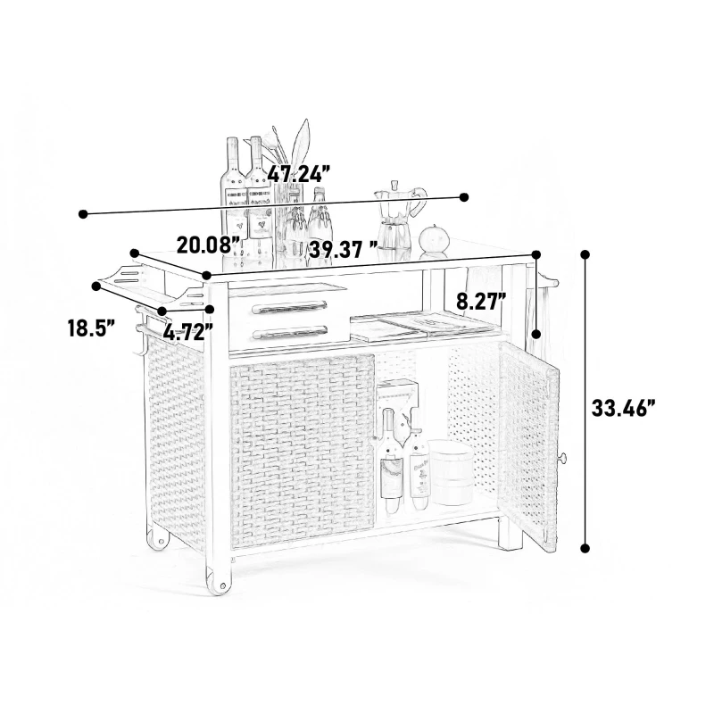 Outdoor Kitchen Wicker Island Rolling Cart with Wheels, Storage Cabinet, Steel Extended Table Top, Side Handle, 47" L x 20" W x 33.5" H, Brown