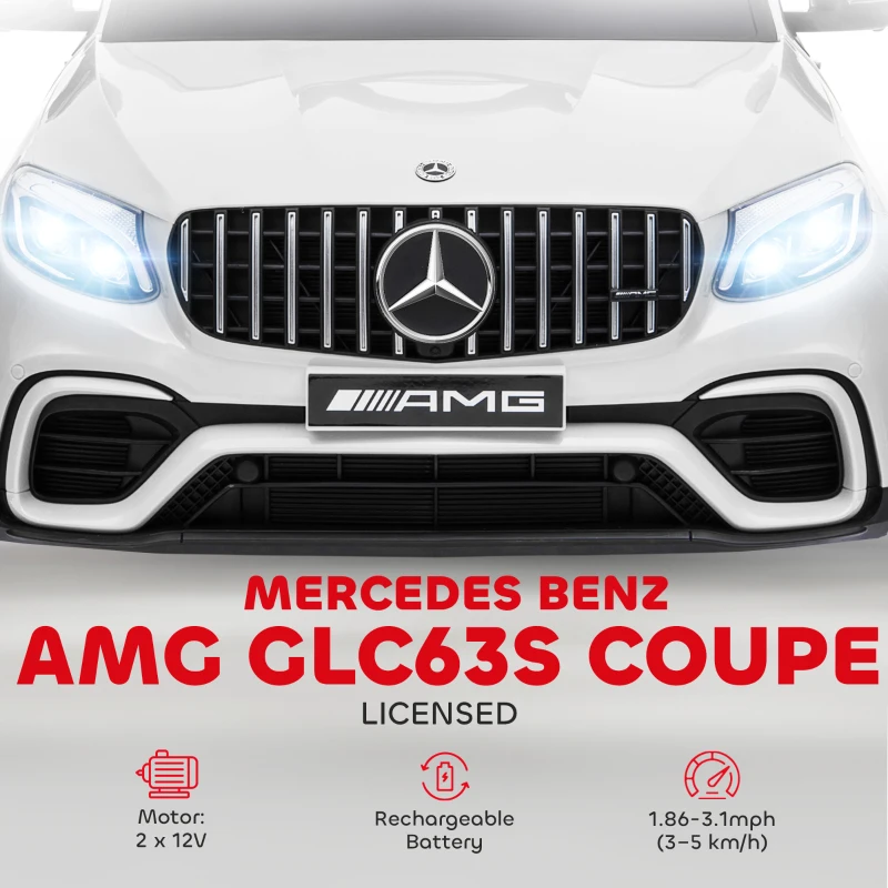Aosom 12V/7AH Kids Ride on Car, Mercedes Benz AMG GLC63S Coupe, Electric Car with Remote Control, Handle, 2 Speed, with Music, Electric Light, Easy to Move, White
