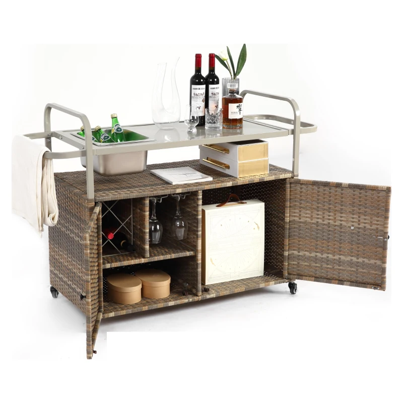 Outdoor Bar Table with Steel Top, Lockable Wheels, Side Basket, Wicker Bar Cart with Cabinet, Rounded Handle, 51.5" L x 19.5" W x 36" H, Beige