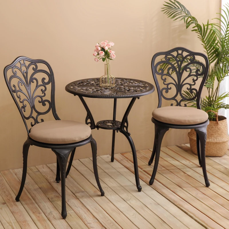 3-Piece Outdoor Rust-Resistant Patio Bistro Set with Cushions, Cast Aluminum Frame, Decorative Floral Design, 16.5" L x 16" W x 34.5" H, Black