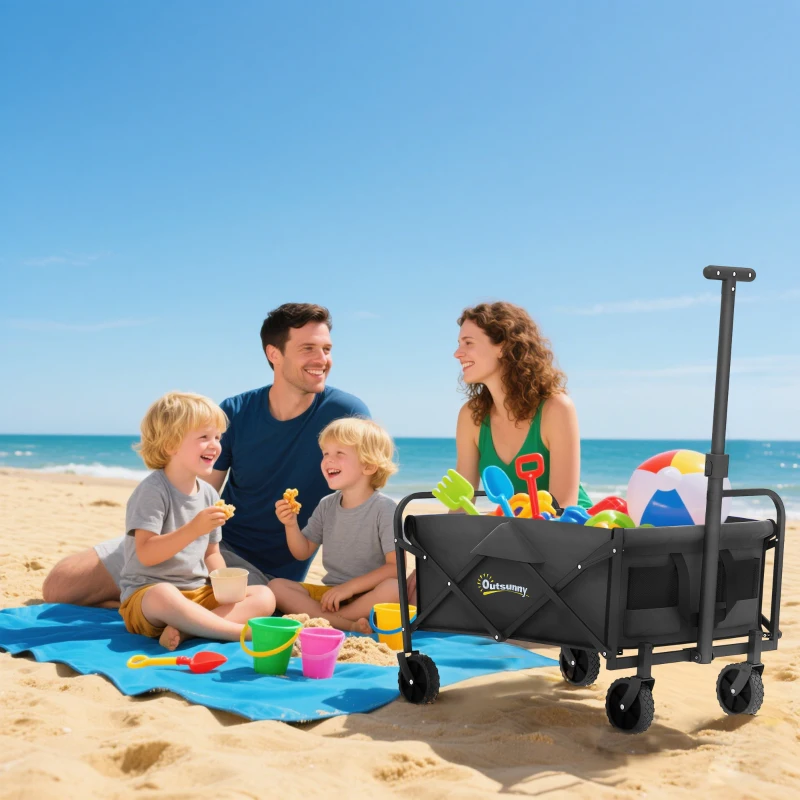 Outsunny Collapsible Folding Garden Cart, Heavy Duty Lawn Wagon with Universal Wheels and Adjustable Handle, Black