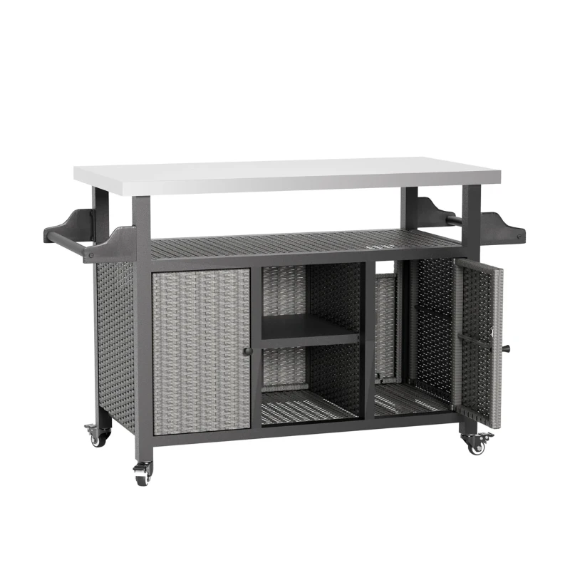 Outdoor Wicker Rolling Cart with Storage Cabinet, Stainless Steel Extended Tabletop, Wheels and Side Handle, 51" L x 21.5" W x 34" H, Gray