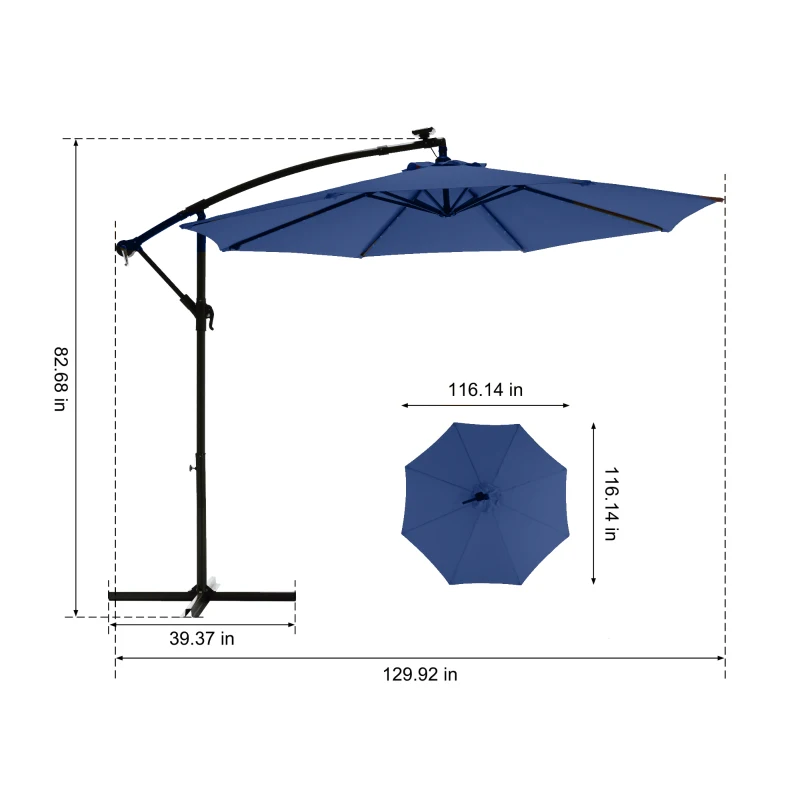 10ft Solar LED Offset Hanging Market Patio Umbrella with Easy Adjustment and Enhanced Stability, Steel Frame, 116" L x 116 W x 83" H, Navy Blue