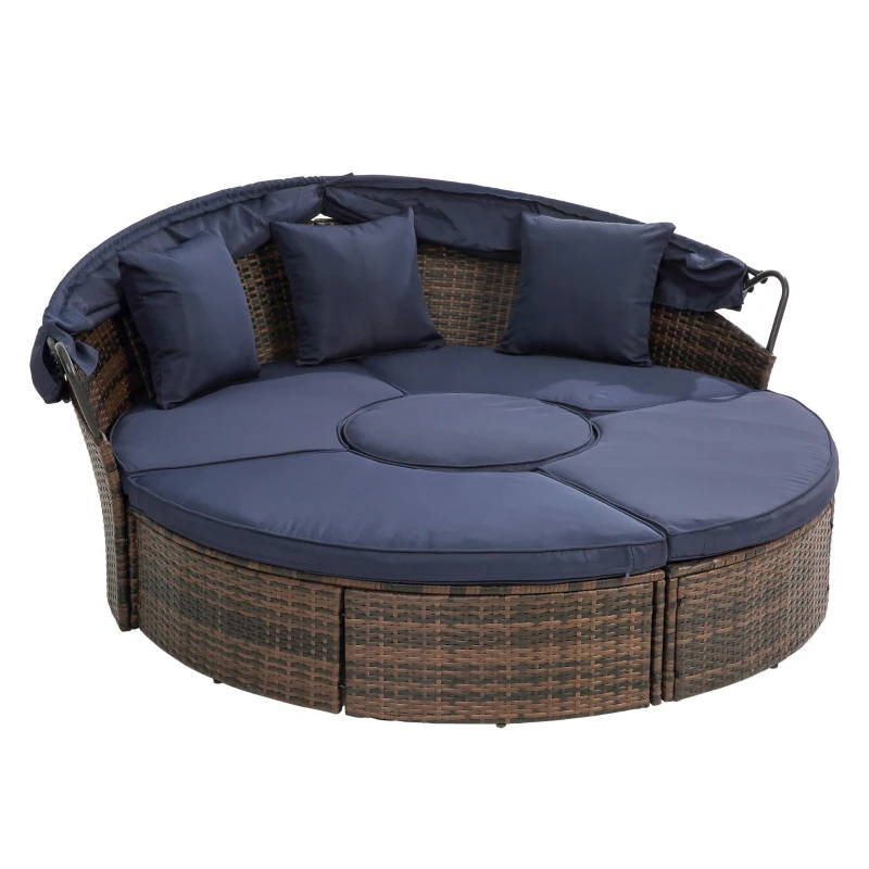 Round Outdoor Daybed with Retractable Canopy, Wicker Sofa Bed with Lift Coffee Table and Washable Cushions, 64" L x 64" W x 55" H, Navy Blue+Black