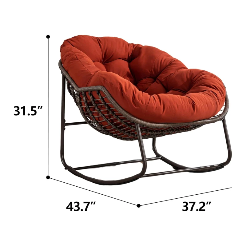 Outdoor Rattan Rocking Chair with Padded Cushion, Hand-Woven Recliner, Ergonomic Design, Steel Frame, 44" L x 37" W x 31.5" H, Orange