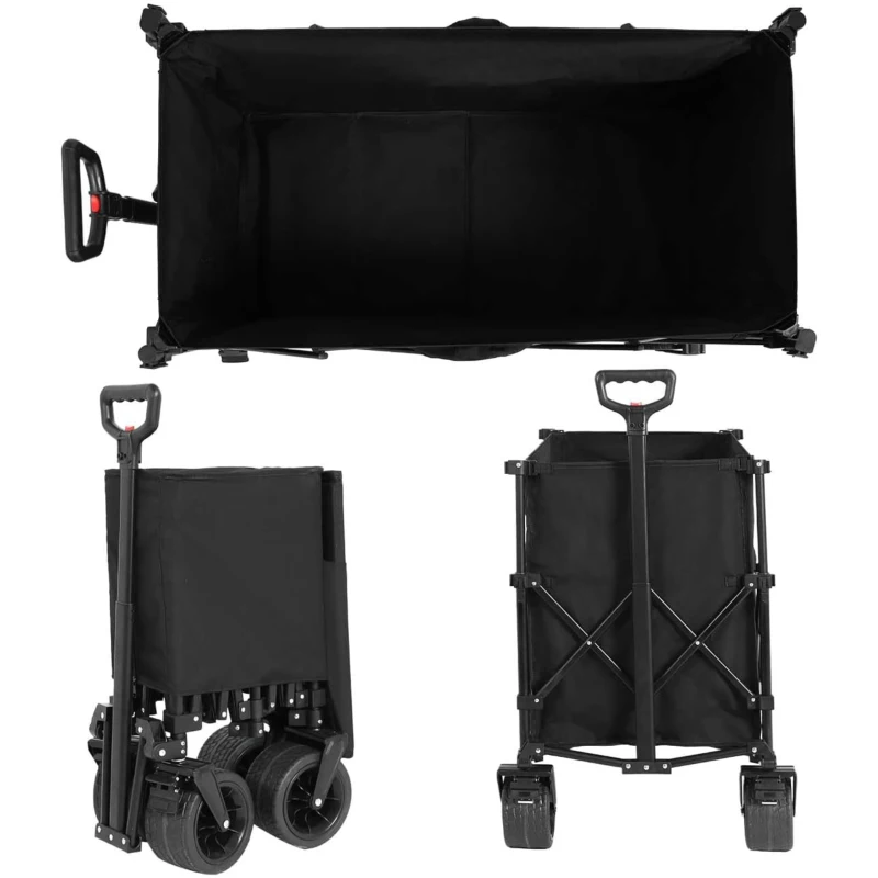 Collapsible Beach Wagon with All-Terrain Wheels, Heavy Duty 300L Folding Utility Garden Cart with Drink Holders, 43" L x 21" W x 32.5" H, Black
