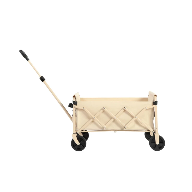 Lightweight Portable Heavy Duty Folding Beach Wagon with Wheels, Utility Cart with Automatic Rebound Handle, 26" L x 16" W x 17.5" H, Beige