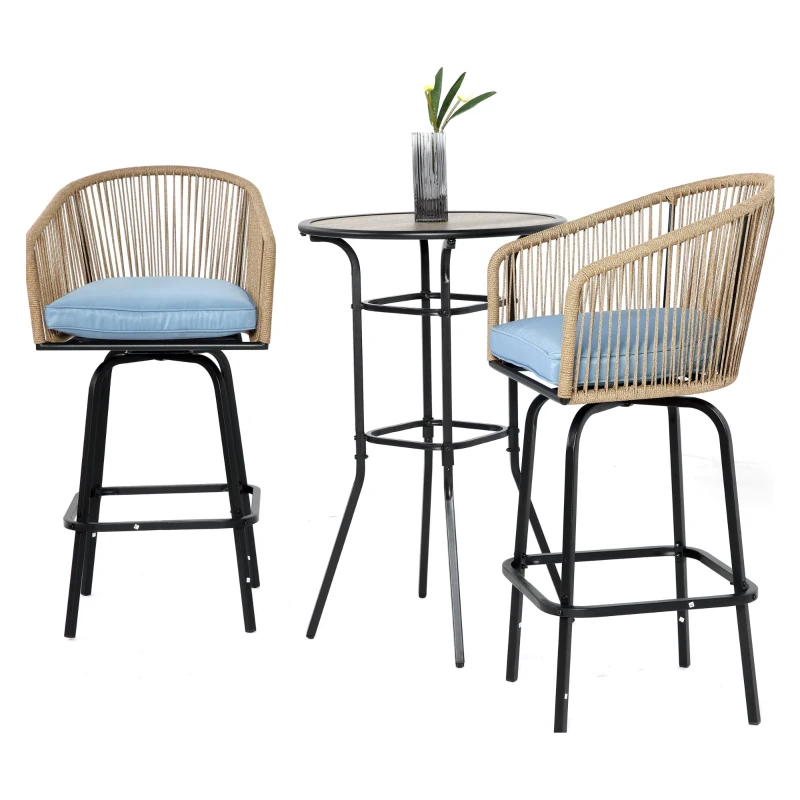 3-Piece Outdoor Bar Set with Ecoating Technology, Innovative Sling Fabric, Patio Bar Table and Swivel Chairs Set with DPC Wood-Like Table Top, Blue