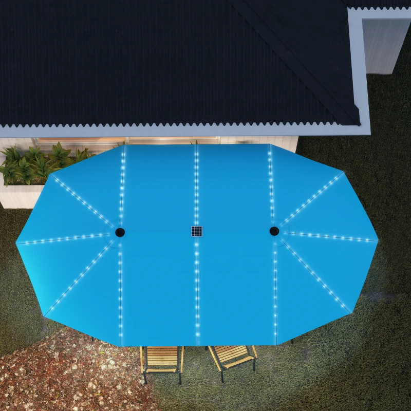 Outsunny 15ft Double-Sided Outdoor Umbrella with Solar Lights, UPF50+ Extra Large Aluminum Patio Umbrella with Crank, Blue