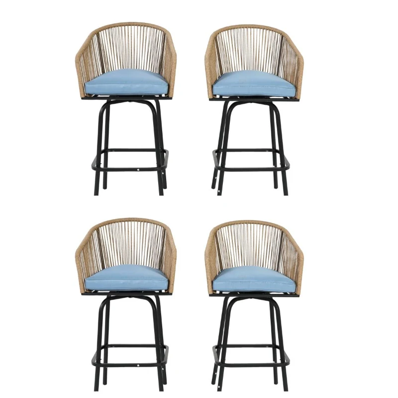 Set of 4 Outdoor Bar Stools with Armrests and Backrest, Steel Frame, All Weather Woven PE Rattan Bar Chairs, 23" L x 17.5" W x 44" H, Blue