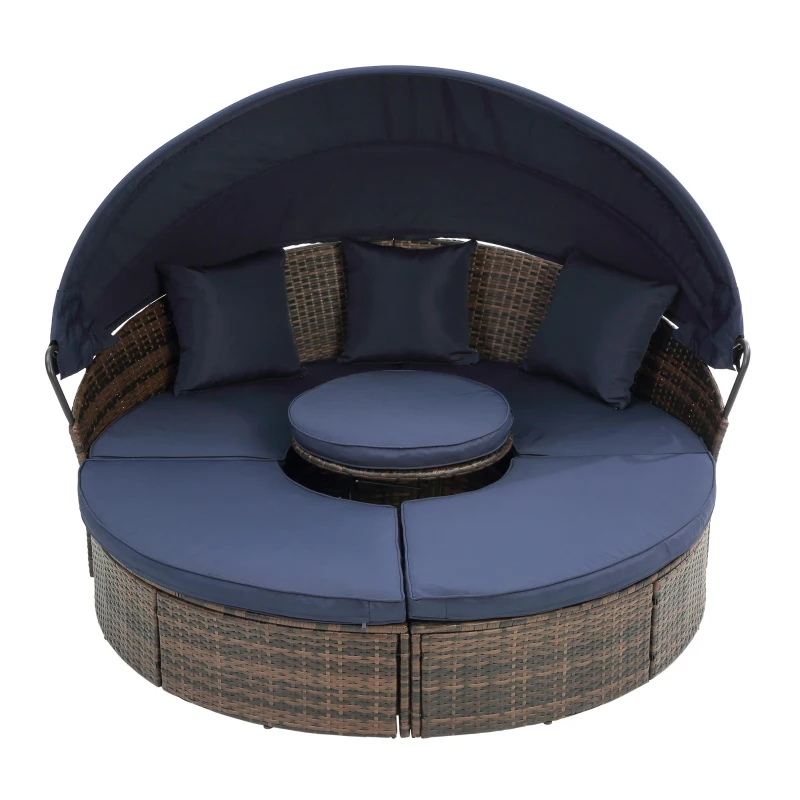 Round Outdoor Daybed with Retractable Canopy, Wicker Sofa Bed with Lift Coffee Table and Washable Cushions, 64" L x 64" W x 55" H, Navy Blue+Black