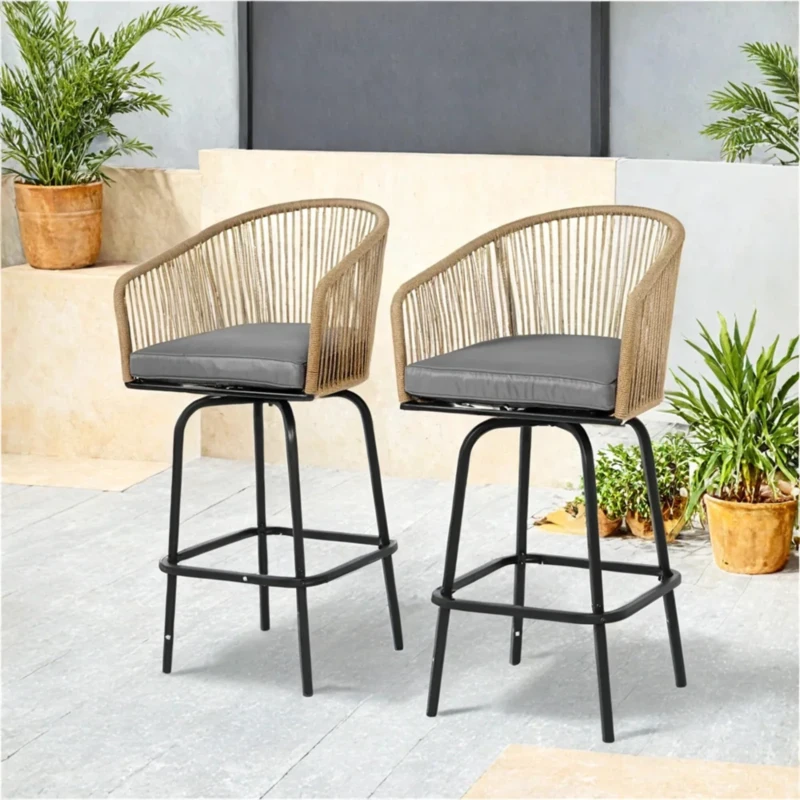 Set of 4 Outdoor Bar Stools with Armrests and Backrest, All Weather PE Rattan Bar Chairs with Steel Frame, 23" L x 17.5" W x 44" H, Gray