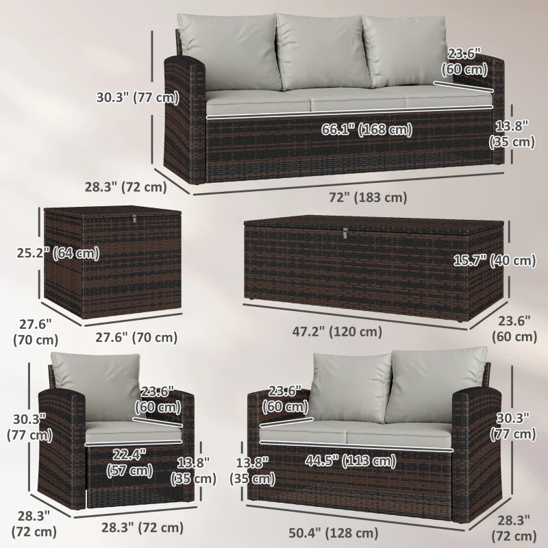 Outsunny 6 Pieces Wicker Patio Furniture Set with Cushions, 7-Seater Rattan Patio Sofa Set with Storage Coffee Table & Side Table, Sectional Outdoor Furniture Set, Cream White