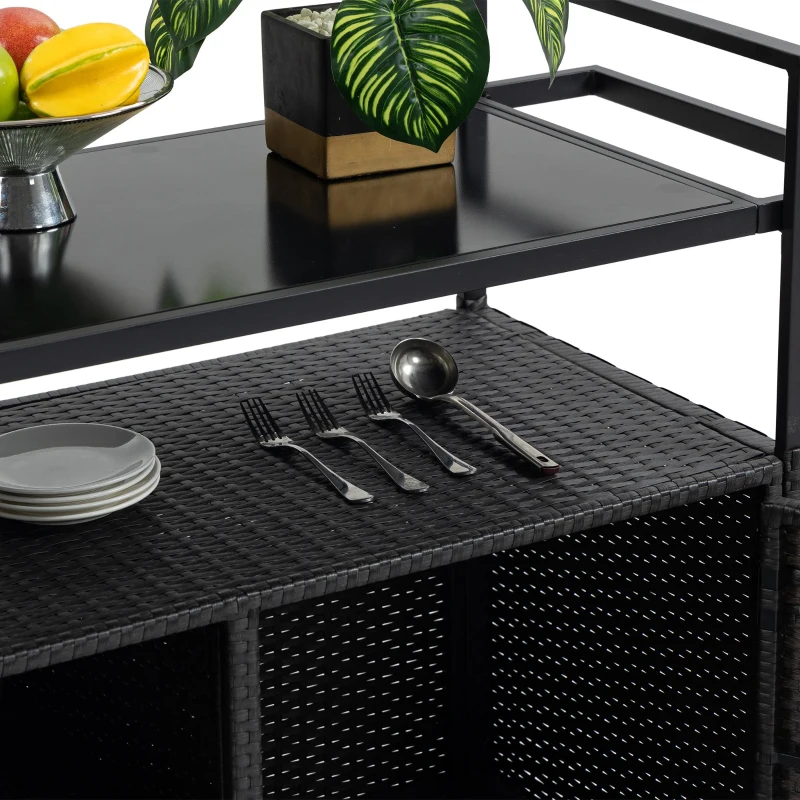 Outdoor Wicker Bar Cart with Glass Top and Wheels, Rolling Rattan Beverage Bar Counter Table for Porch, Backyard, Garden, Poolside Party, 51" L x 20" W x 35.5" H, Black