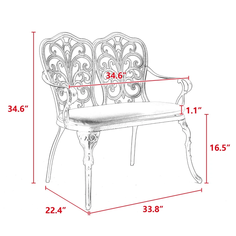 Patio Garden Bench with Floral Rose Design, Seat Cushion, Outdoor Park Bench with Cast Aluminum Frame, 34.5" L x 22.5" W x 34.5" H, White