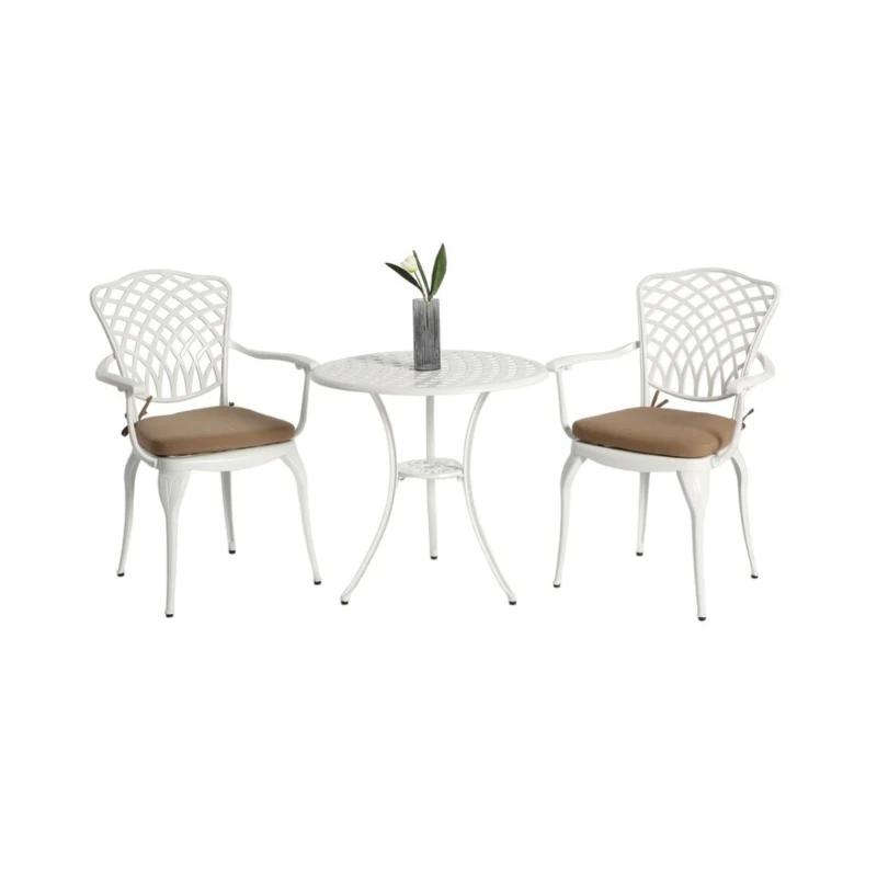 3-Piece Patio Bistro Set with Cushions, Umbrella Hole, Adjustable Foot Caps, All-Weather Cast Aluminum Table and Chairs for Garden, Balcony, White