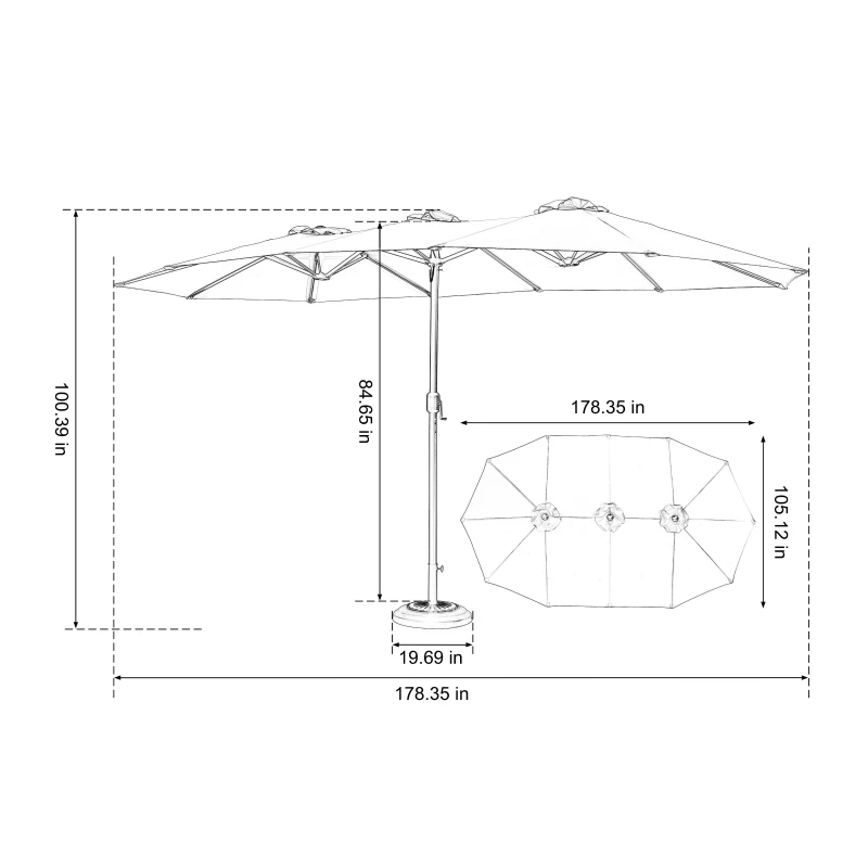 14.8ft Double-Sided Outdoor Patio Umbrella with Crank System, Steel Frame, Large Rectangular, 178.5" L x 105" W x 100.5" H, Dark Green