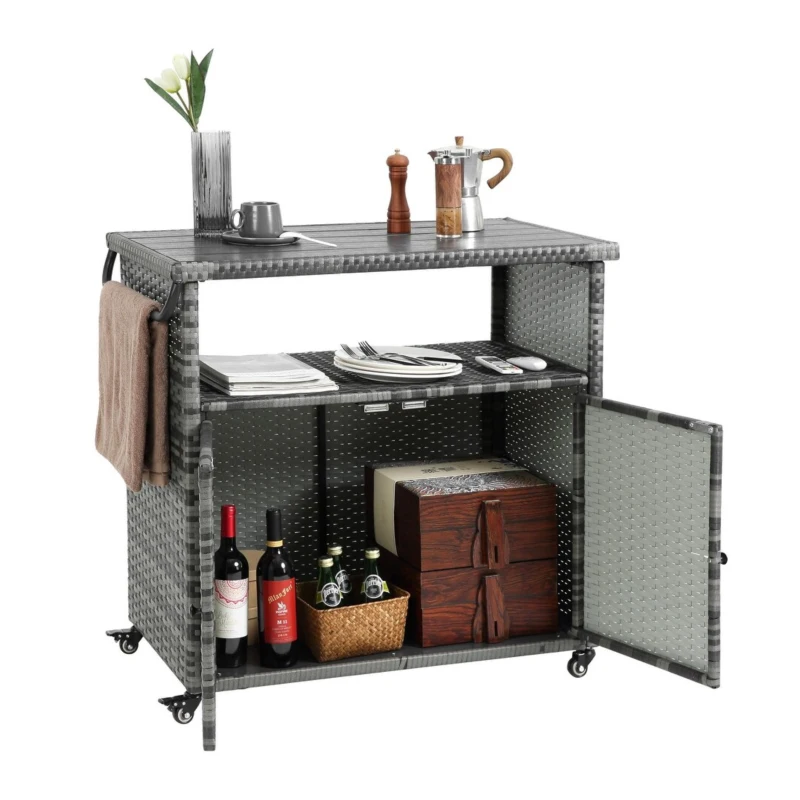 Outdoor Wicker Bar Cart with Wheels, Patio Wine Serving Cart, Rolling Rattan Beverage Bar Counter Table with Glass Top, 51" L x 20" W x 35" H, Aqua Gray