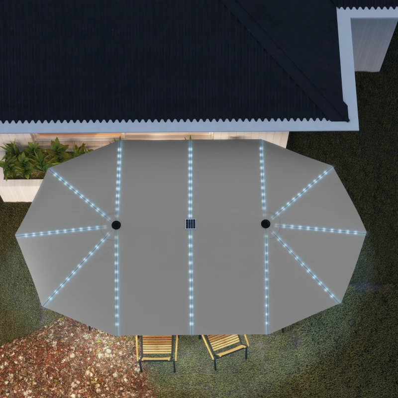 Outsunny 15ft Double-Sided Outdoor Umbrella with Solar Lights, UPF50+ Extra Large Aluminum Patio Umbrella with Crank, Dark Gray