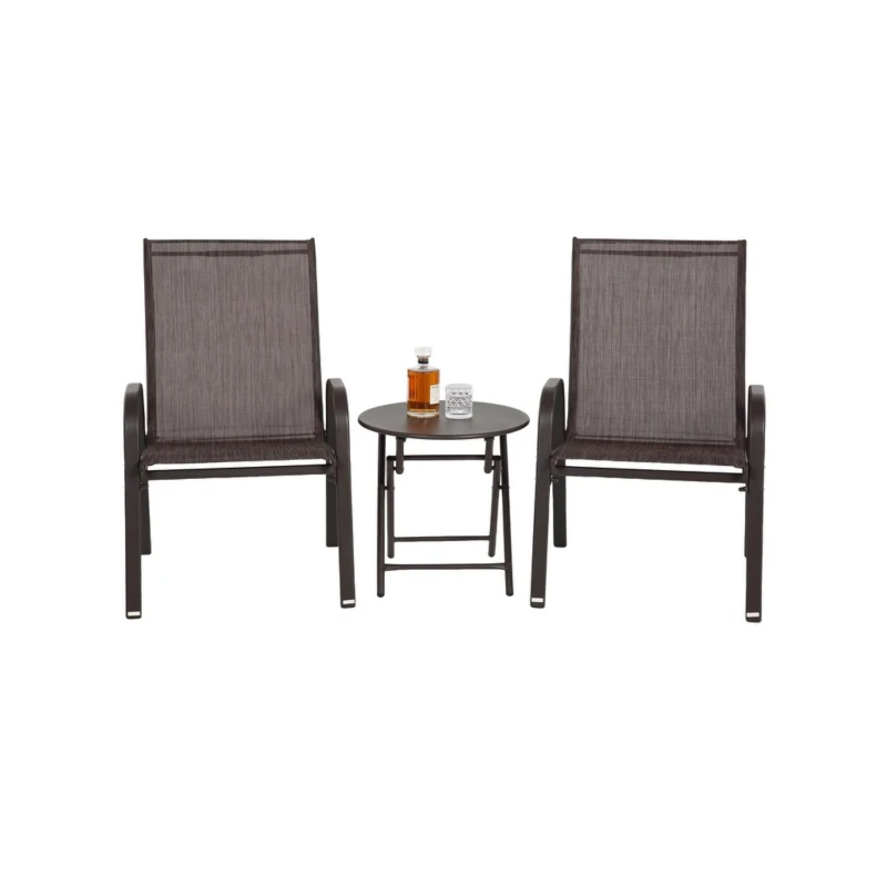 3-Piece Patio Set with 2 Chairs and 1 Table, Outdoor Dining Set with Breathable Textilene Fabric Chairs, Folding Steel Table, Brown