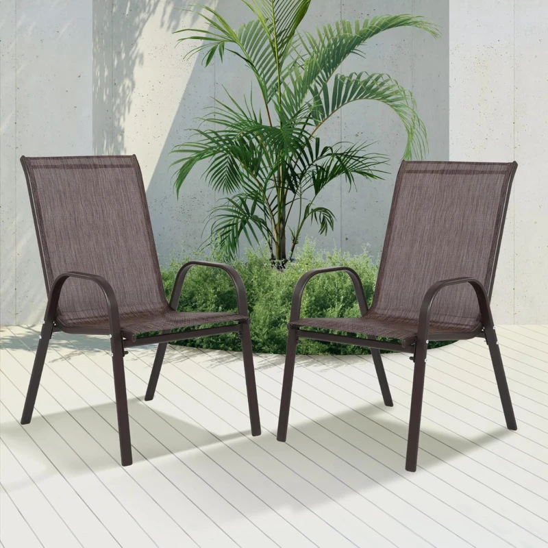 2-Piece Patio Chairs with Breathable Textilene Fabric, High Backrest and Armrest, Space-Saving Camping Chairs, 24.5" L x 24.5" W x 38" H, Brown