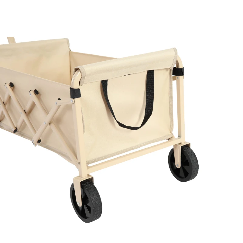 Lightweight Portable Heavy Duty Folding Beach Wagon with Wheels, Utility Cart with Automatic Rebound Handle, 26" L x 16" W x 17.5" H, Beige