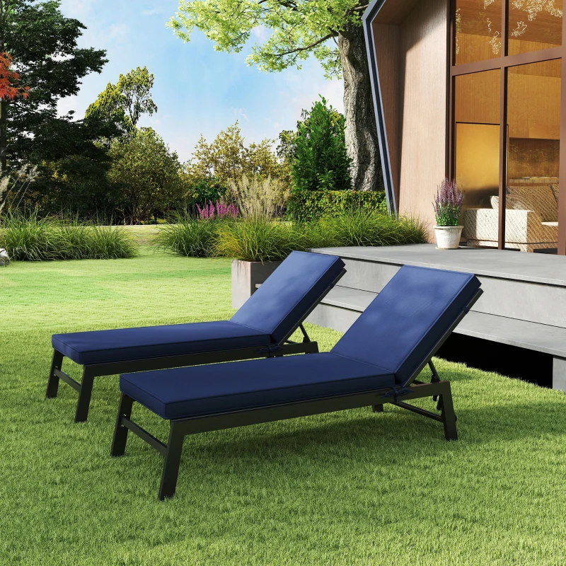 Outsunny 2-Piece Patio Chair Cushions with Backrests, Replacement Cushions for Outdoor Lounge Chair, Navy
