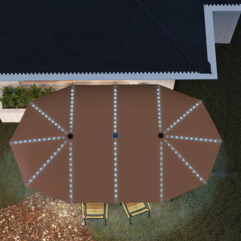 Outsunny 15ft Double-Sided Outdoor Umbrella with Solar Lights, UPF50+ Extra Large Aluminum Patio Umbrella with Crank, Tan