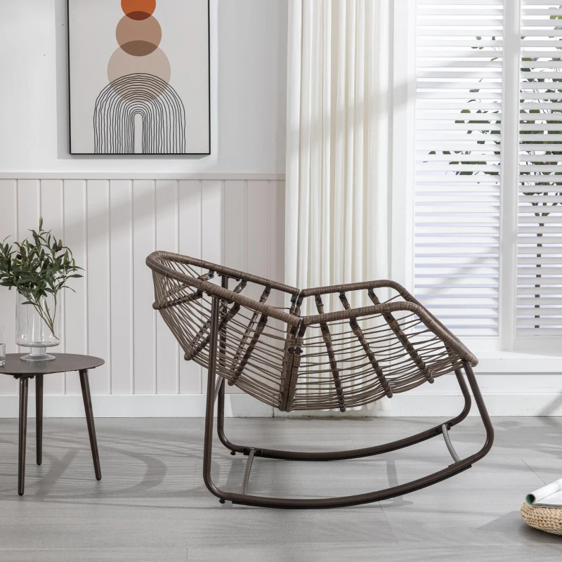 Outdoor Rattan Rocking Chair with Padded Cushion, Hand-Woven Recliner, Ergonomic Design, Steel Frame, 44" L x 37" W x 31.5" H, Gray