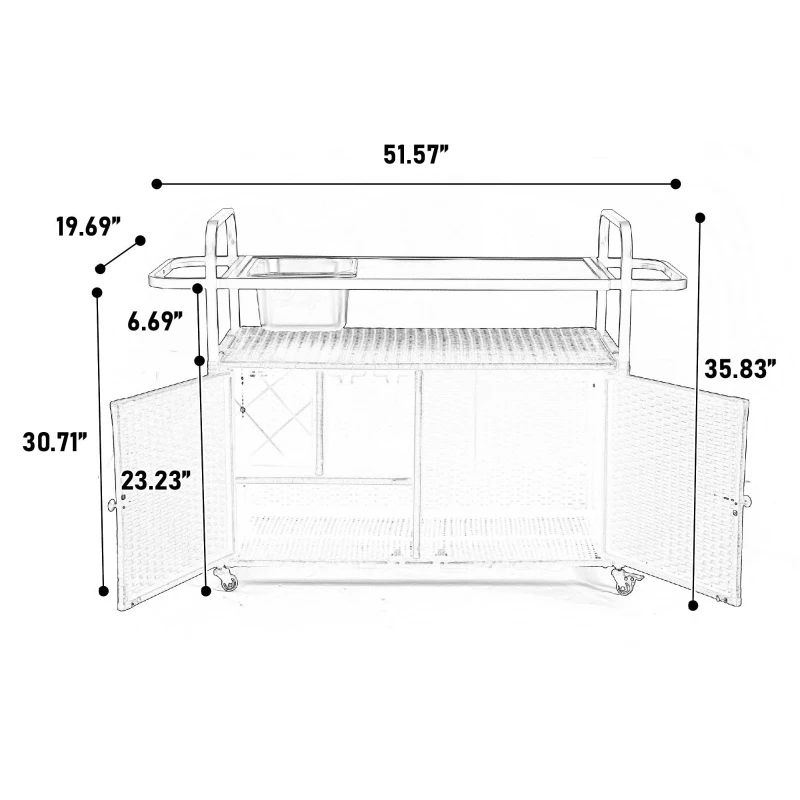 Multifunctional Outdoor Bar Table with Lockable Wheels, Ice Bucket, Side Basket, Wicker Bar Cart with Cabinet, 51.5" L x 19.5" W x 36" H, Black