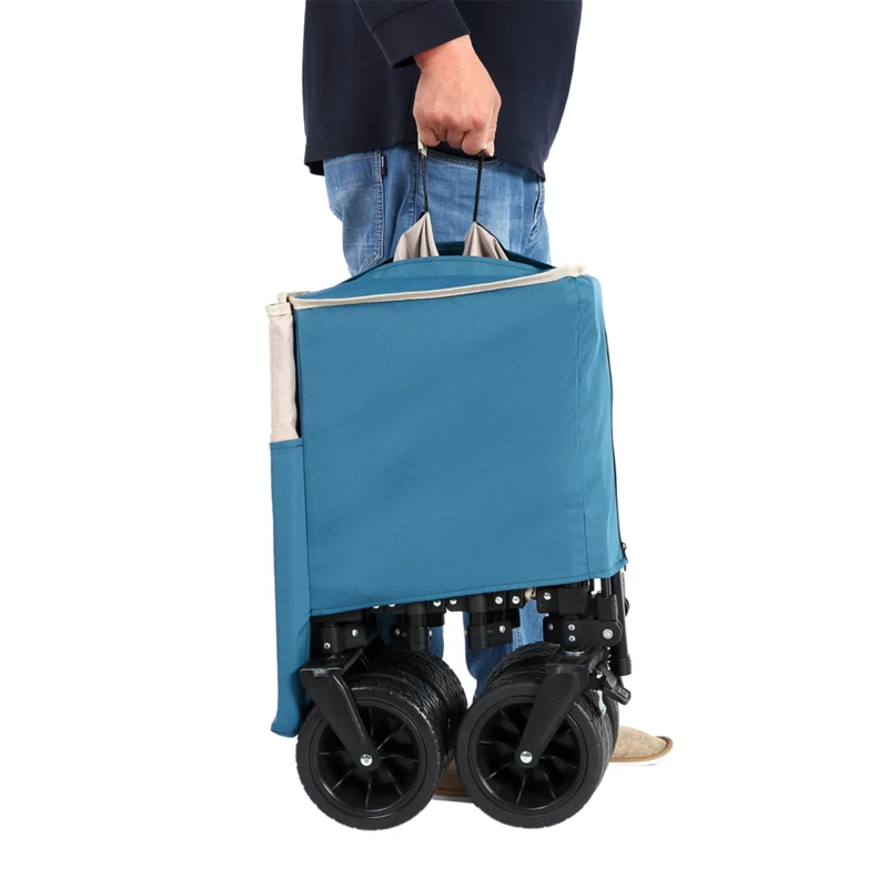 Foldable Extended Wagon with Big All-Terrain Beach Wheels, Folding Utility Garden Cart with Drink Holders, 53.5" L x 21" W x 40.5" H, Blue