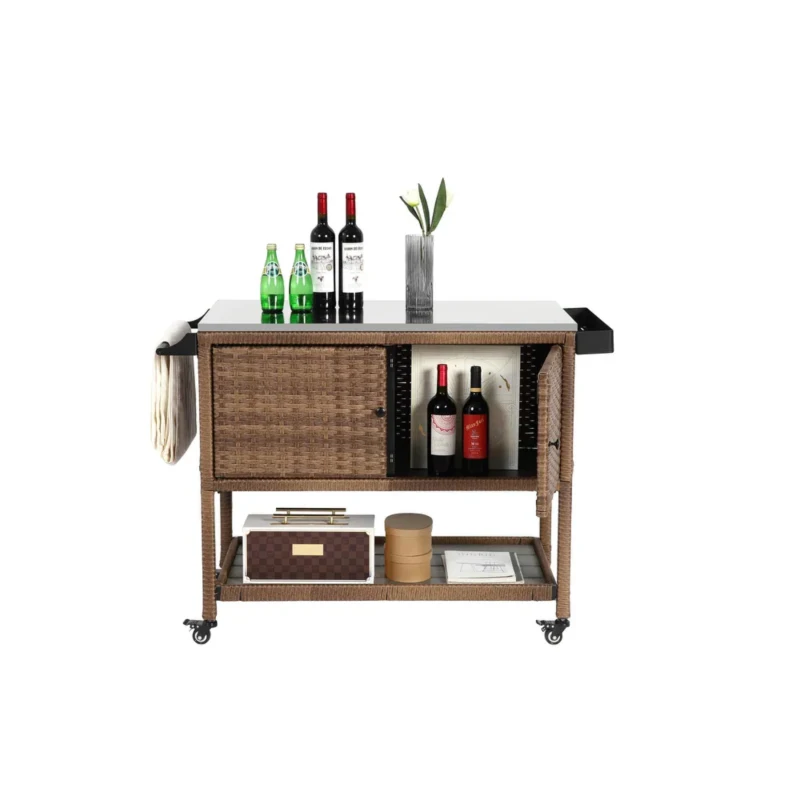 Outdoor Wicker Bar Cart with Wheels, Expandable Shelf, Rolling Rattan Beverage Bar Counter Table with Glass Top, 47" L x 20" W x 35" H, Brown
