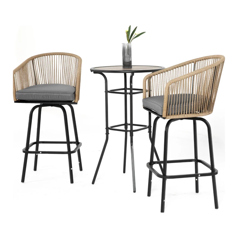 3-Piece Outdoor Bar Set with Ecoating Technology, Innovative Sling Fabric, Patio Bar Table and Swivel Chairs with DPC Wood-Like Top, Gray