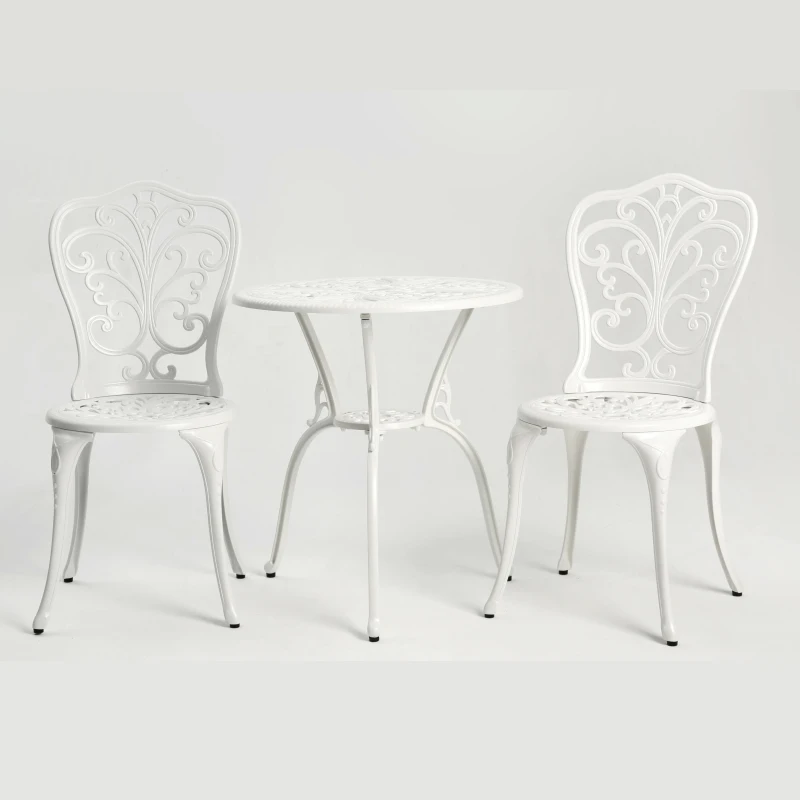 3-Piece Outdoor Rust-Resistant Patio Bistro Set with Decorative Floral Design, Cast Aluminum Frame, Perfect for Patios, Balconies, Porches, White