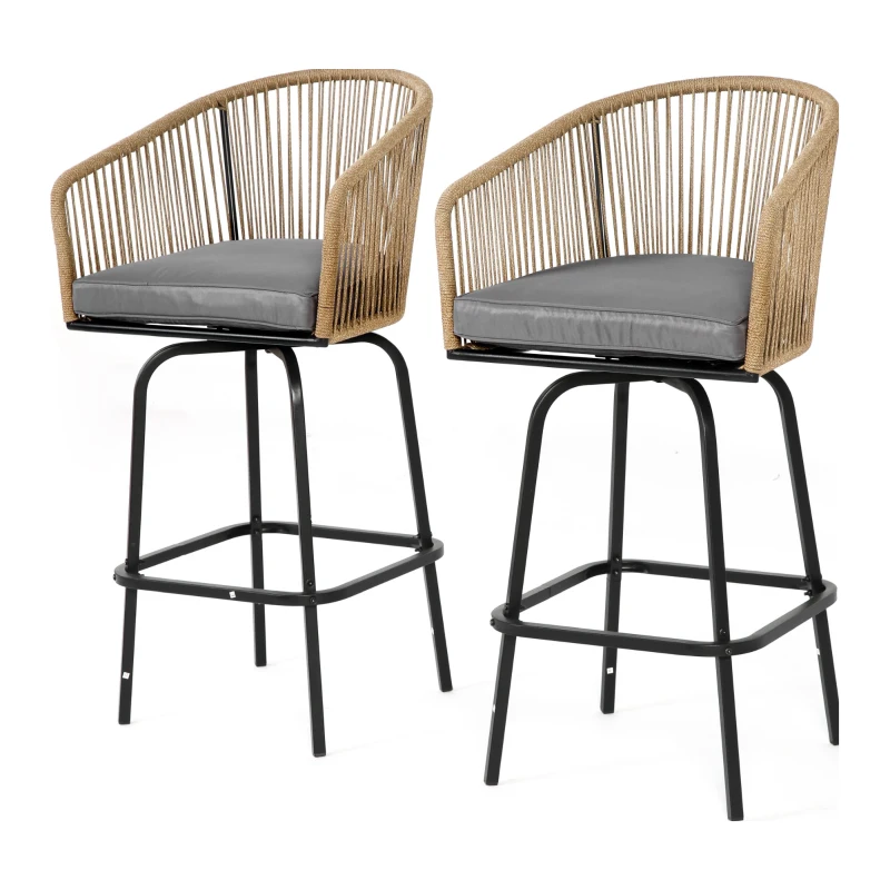 Set of 2 Outdoor Bar Stools with Armrests and Backrest, Steel Frame, All Weather Rattan Bar Chairs with Footrest, 23" L x 17.5" W x 44" H, Gray