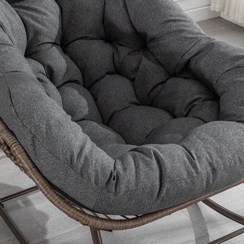 Outdoor Rattan Rocking Chair with Padded Cushion, Hand-Woven Recliner, Ergonomic Design, Steel Frame, 44" L x 37" W x 31.5" H, Gray