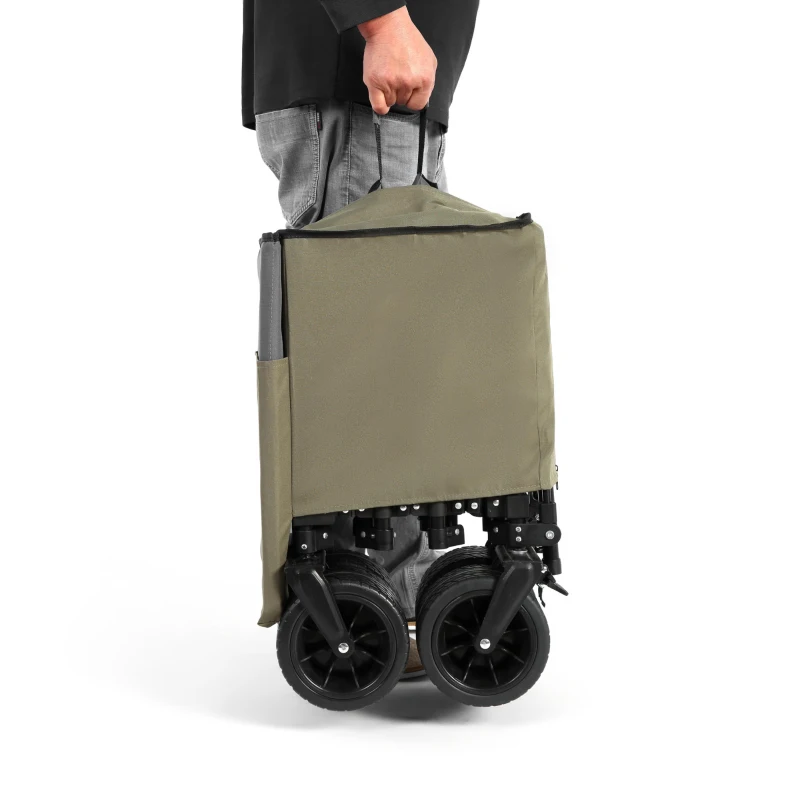 Foldable Extended Wagon with All-Terrain Wheels, Drink Holders, Heavy Duty 300L Folding Utility Cart, 53.5" L x 21" W x 40.5" H, Army Green