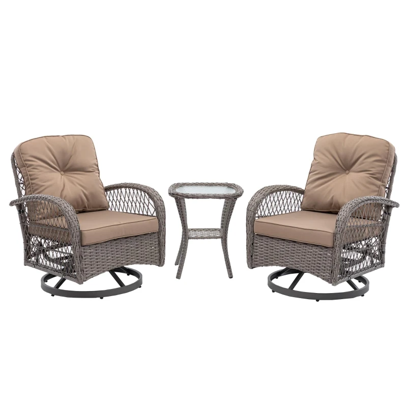 3-Piece Outdoor Swivel Rocker Patio Chairs Set with Tempered Glass Coffee Table, 360° Rocking Conversation Set with Thick Cushions, 29" L x 25" W x 34" H, khaki