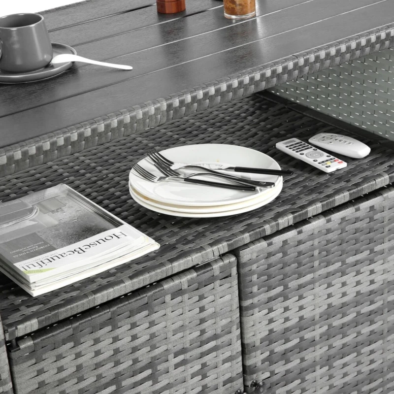 Outdoor Wicker Bar Cart with Wheels, Patio Wine Serving Cart, Rolling Rattan Beverage Bar Counter Table with Glass Top, 51" L x 20" W x 35" H, Aqua Gray