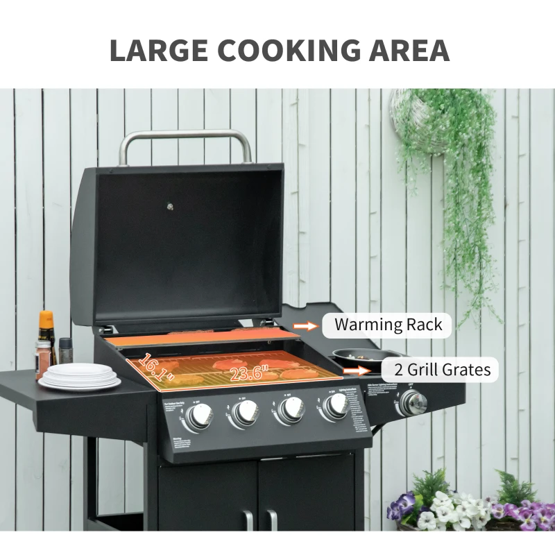 Outsunny 52" Barbecue Grill with Wheels 4+1 Burner Liquid Propane Gas Grill Outdoor Cabinet Style BBQ Trolley w/ Side Burner, Warming Rack