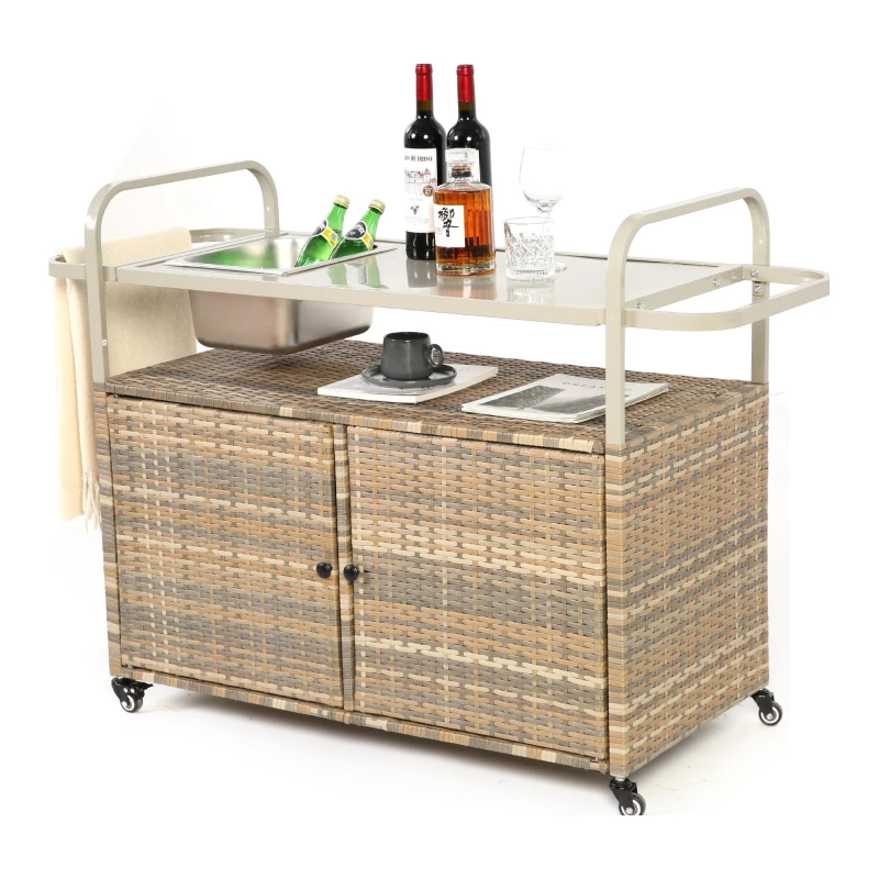 Outdoor Bar Table with Steel Top, Lockable Wheels, Side Basket, Wicker Bar Cart with Cabinet, Rounded Handle, 51.5" L x 19.5" W x 36" H, Beige