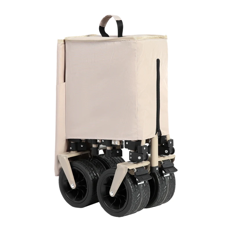 Foldable Extended Wagon with Big All-Terrain Beach Wheels, Heavy Duty 300L Utility Cart with Drink Holders, 53.5" L x 21" W x 40.5" H, Beige